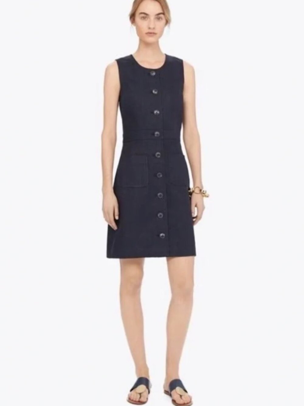Tory Burch Navy Blue Button Front Linen Shift Dress size 6